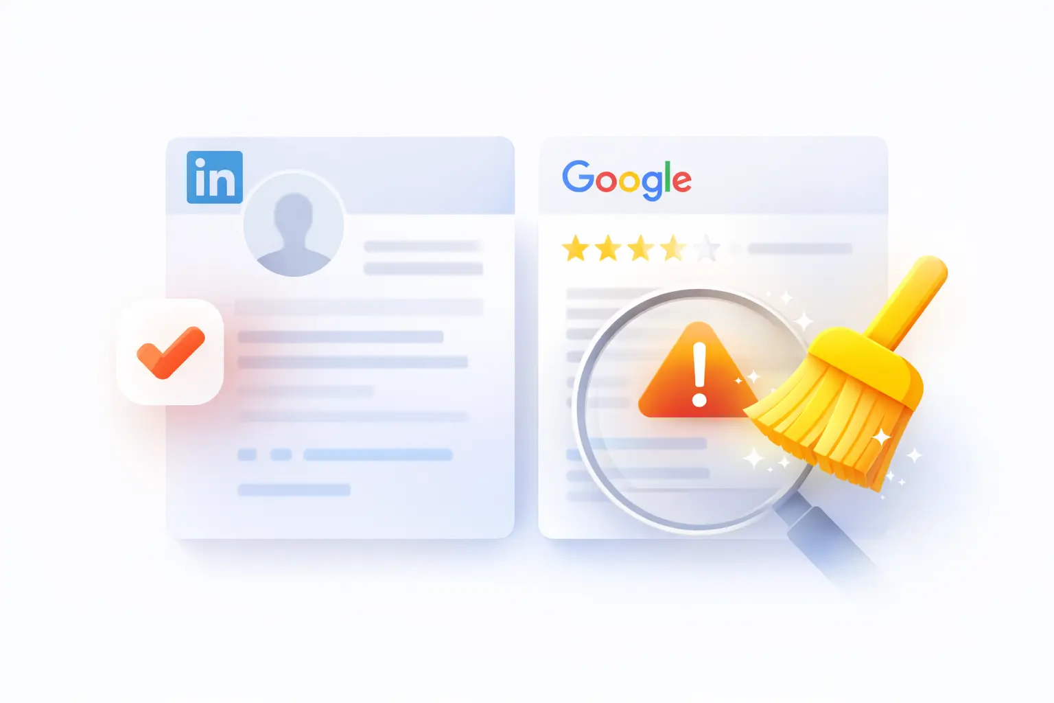 Geanonimiseerde visualisatie van LinkedIn- en Google-bedrijfsprofielen met markering van opschoning en reputatiecontrole