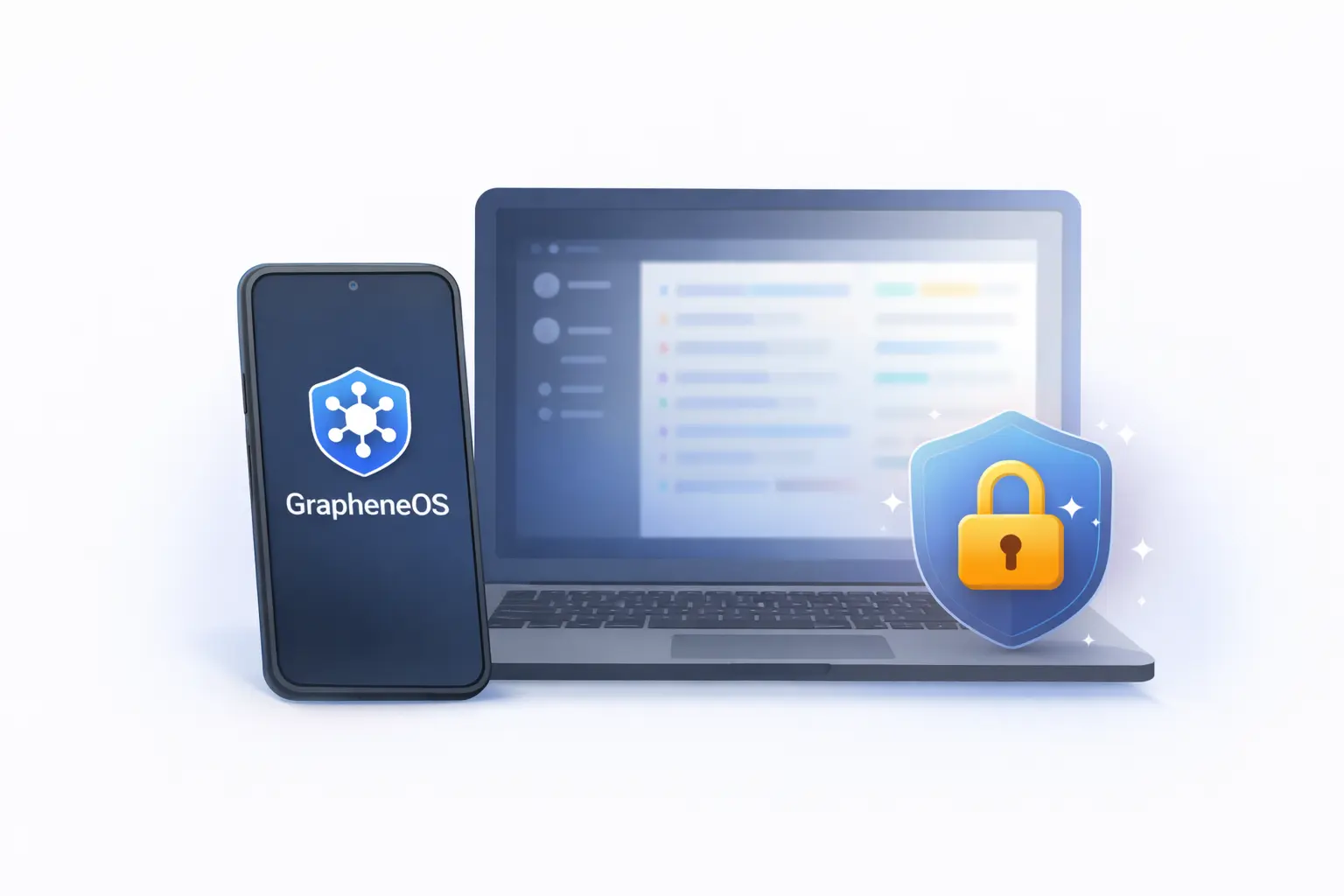 Visualisatie van privacy-klare smartphone met GrapheneOS en beveiligde laptop voor gecontroleerd en privacybewust digitaal werken