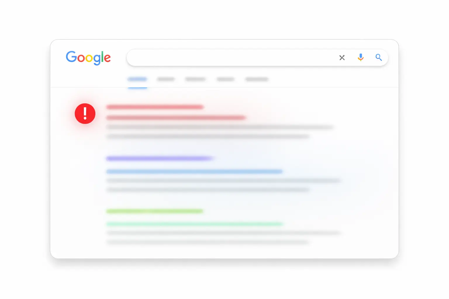 Abstracte, geblurde Google zoekresultaten met gemarkeerde risicomelding ter illustratie van online reputatieanalyse