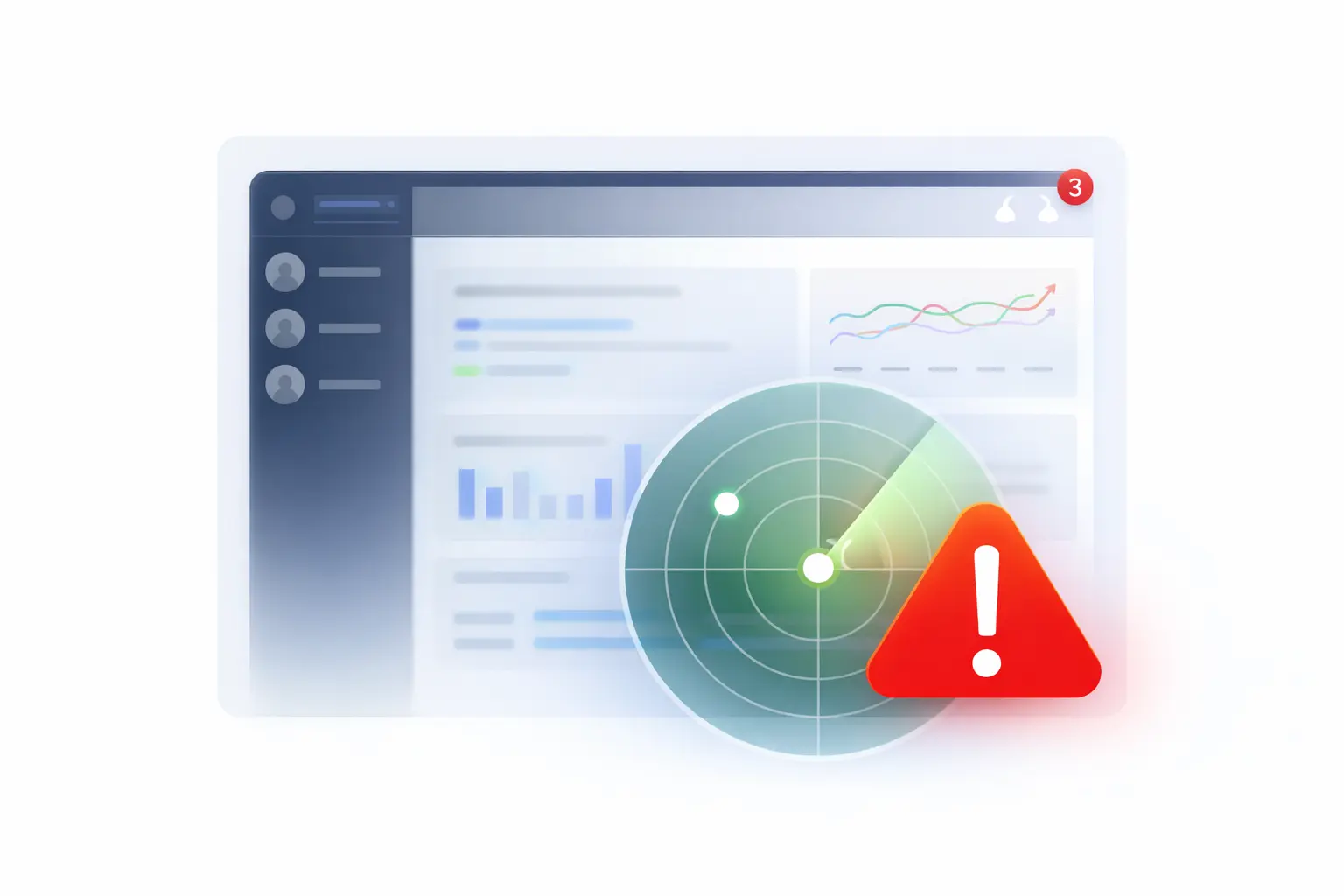 Abstracte visualisatie van realtime monitoringdashboard met radar en waarschuwingsmelding voor vroegtijdige risicosignalering